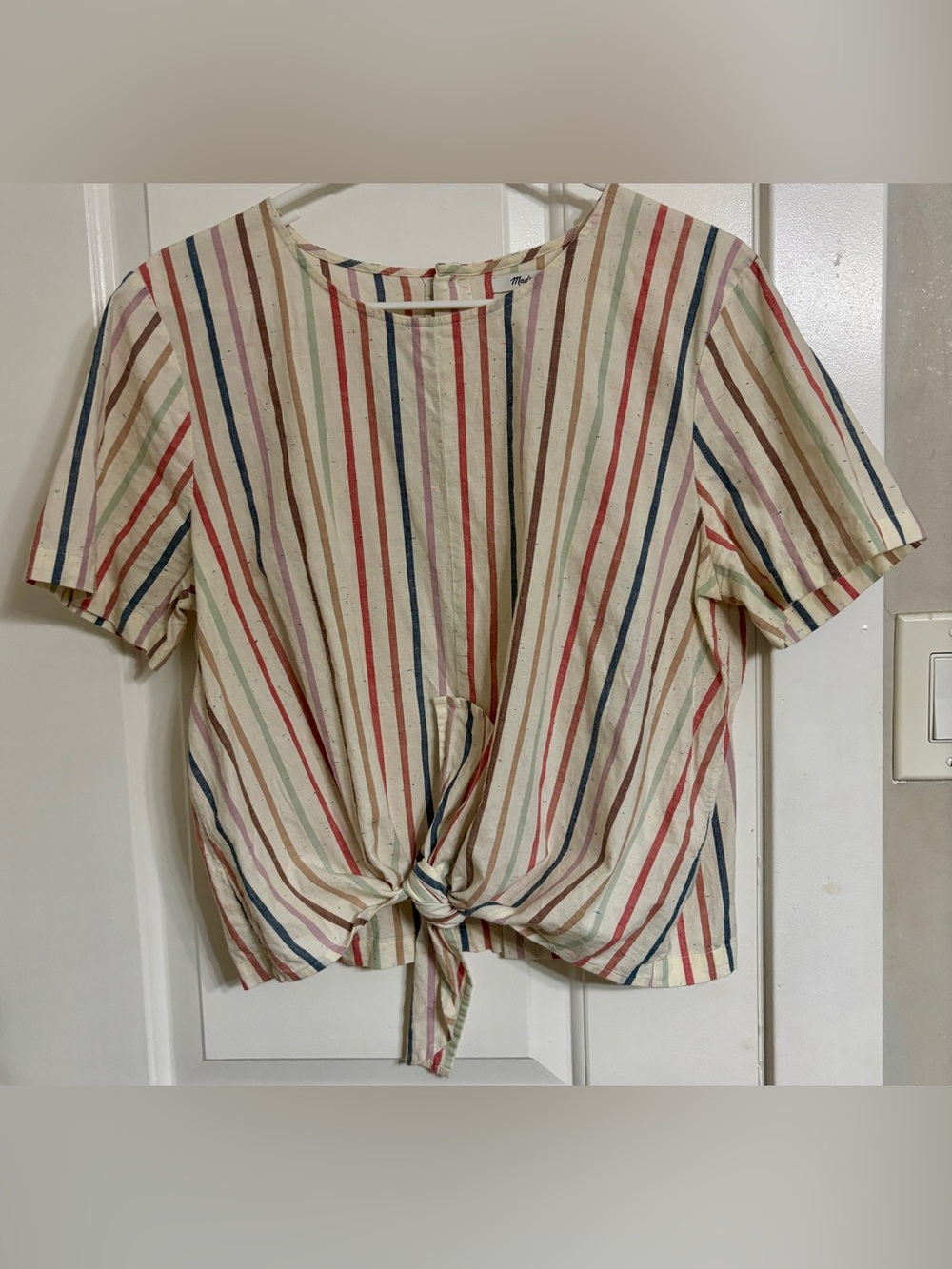 MADEWELL Like New Cream Striped Tie-Front Short Sleeve Top Size Large